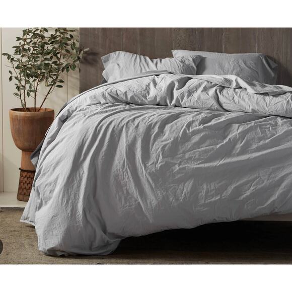 Coyuchi Lt Gray King Duvet Cover Organic Cotton Crinkled Percale Cooling Bedding - Picture 1 of 10